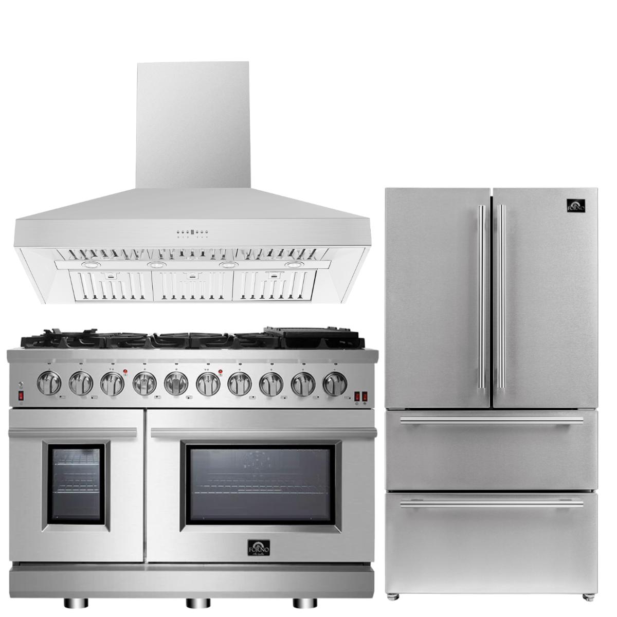 FORNO Appliance Package - 48" Gas Range, Range Hood, 36" Refrigerator, AP-FFSGS6239-48-2