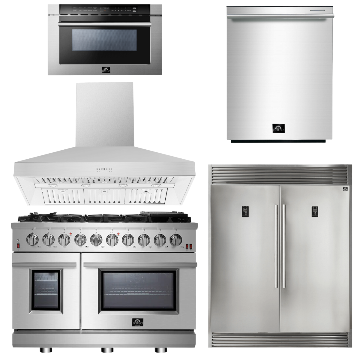 FORNO Appliance Package - 48" Gas Range, Range Hood, 60" Refrigerator, Dishwasher, Microwave Drawer, AP-FFSGS6239-48-8