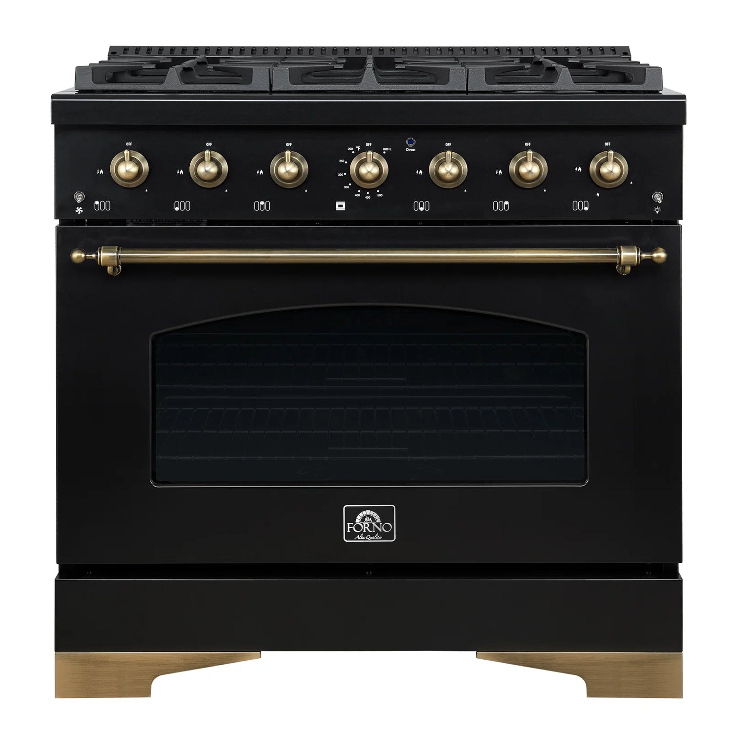 FORNO Antico 36" 4.5 cu. ft. Dual Fuel Range with 6 Sealed Burners in Black with Antique Brass Accents, FFSGS6113-36BLK