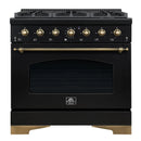 FORNO Antico 36" 4.5 cu. ft. Gas Range with 6 Sealed Burners in Black with Antique Brass Accents, FFSGS6219-36BLK