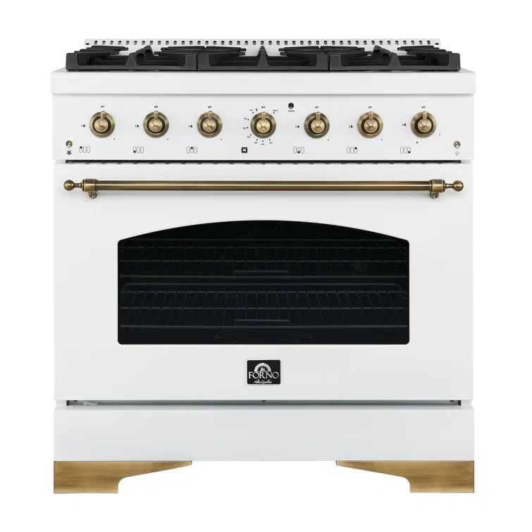 FORNO Antico 36" 4.5 cu. ft. Dual Fuel Range with 6 Sealed Burners in White with Antique Brass Accents, FFSGS6113-36WHT