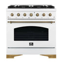 FORNO Antico 36" 4.5 cu. ft. Gas Range with 6 Sealed Burners in White with Antique Brass Accents, FFSGS6219-36WHT