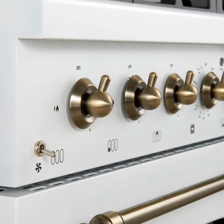 FORNO Antico 36" 4.5 cu. ft. Dual Fuel Range with 6 Sealed Burners in White with Antique Brass Accents, FFSGS6113-36WHT