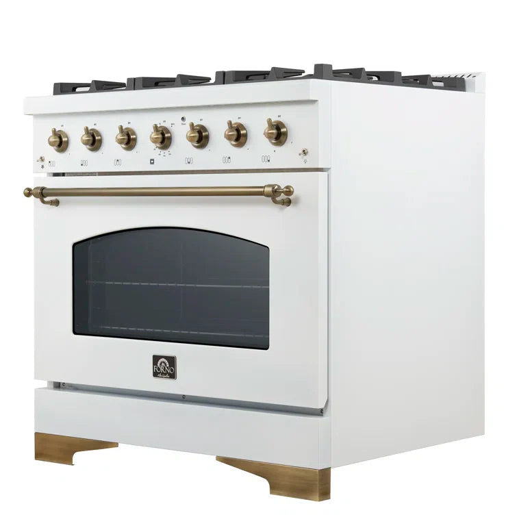 FORNO Antico 36" 4.5 cu. ft. Dual Fuel Range with 6 Sealed Burners in White with Antique Brass Accents, FFSGS6113-36WHT