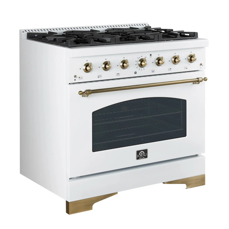 FORNO Antico 36" 4.5 cu. ft. Dual Fuel Range with 6 Sealed Burners in White with Antique Brass Accents, FFSGS6113-36WHT