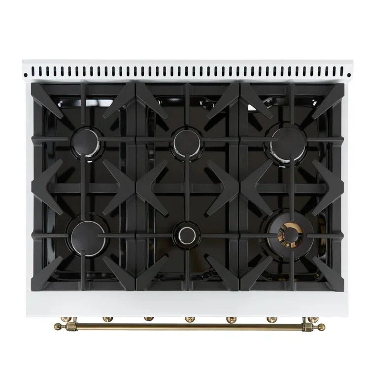 FORNO Antico 36" 4.5 cu. ft. Dual Fuel Range with 6 Sealed Burners in White with Antique Brass Accents, FFSGS6113-36WHT