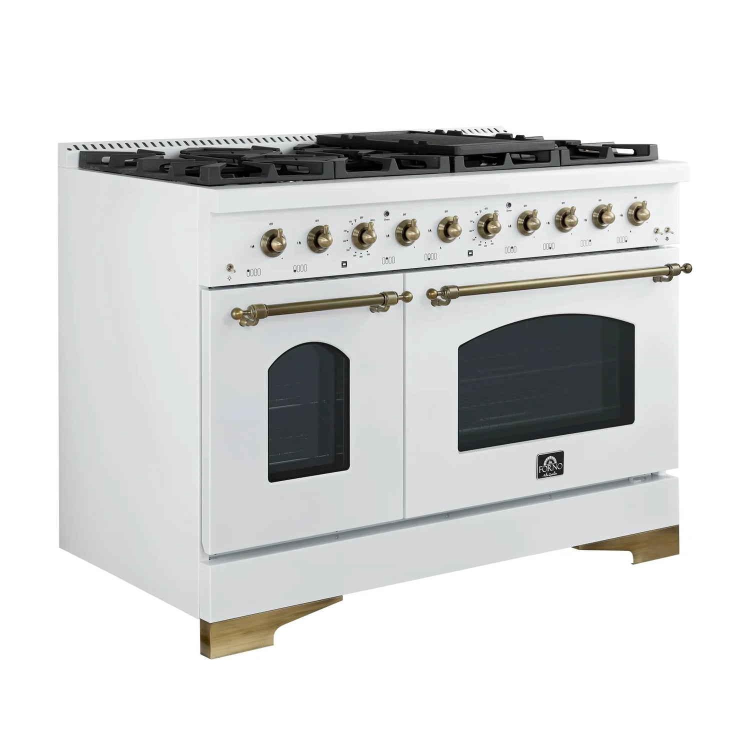FORNO Antico 48" 5.5 cu. ft. Gas Range with 8 Sealed Burners and Griddle in White with Antique Brass Accents, FFSGS6219-48WHT