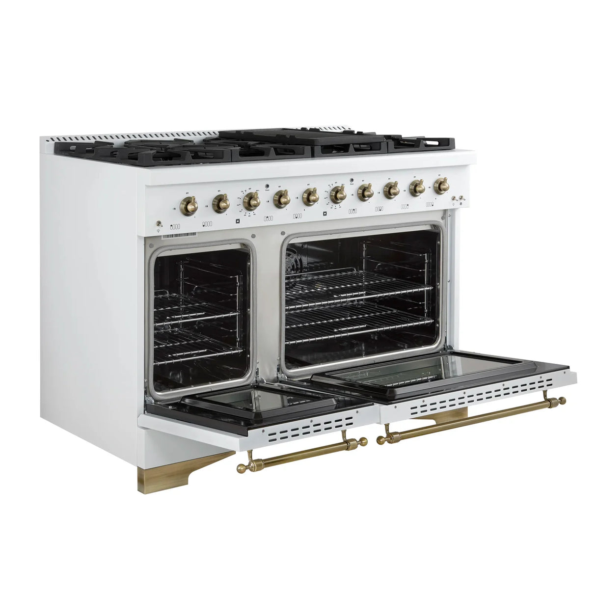 FORNO Antico 48" 5.5 cu. ft. Gas Range with 8 Sealed Burners and Griddle in White with Antique Brass Accents, FFSGS6219-48WHT