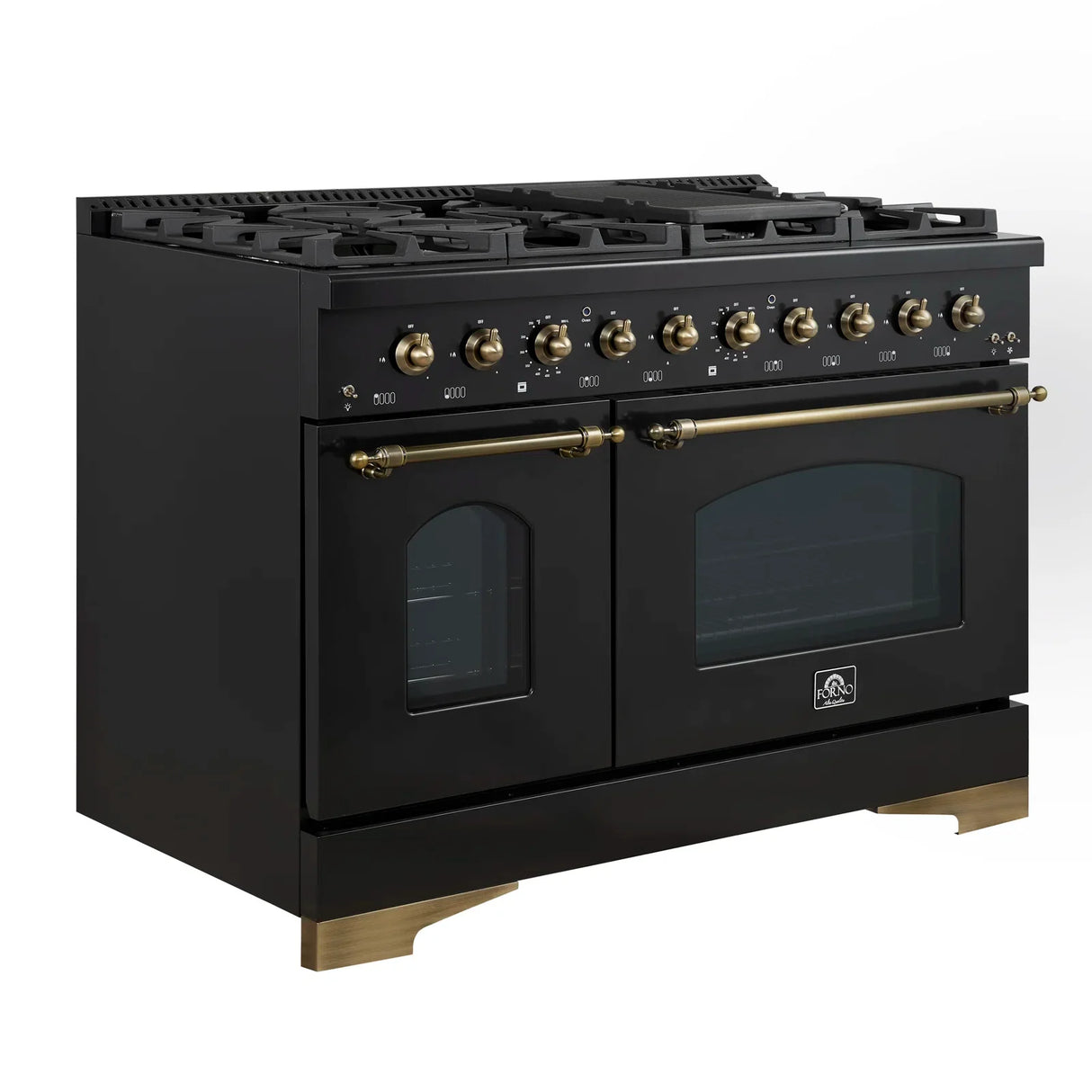 FORNO Antico 48" 5.5 cu. ft. Dual Fuel Range with 8 Sealed Burners and Griddle in Black with Antique Brass Accents, FFSGS6113-48BLK