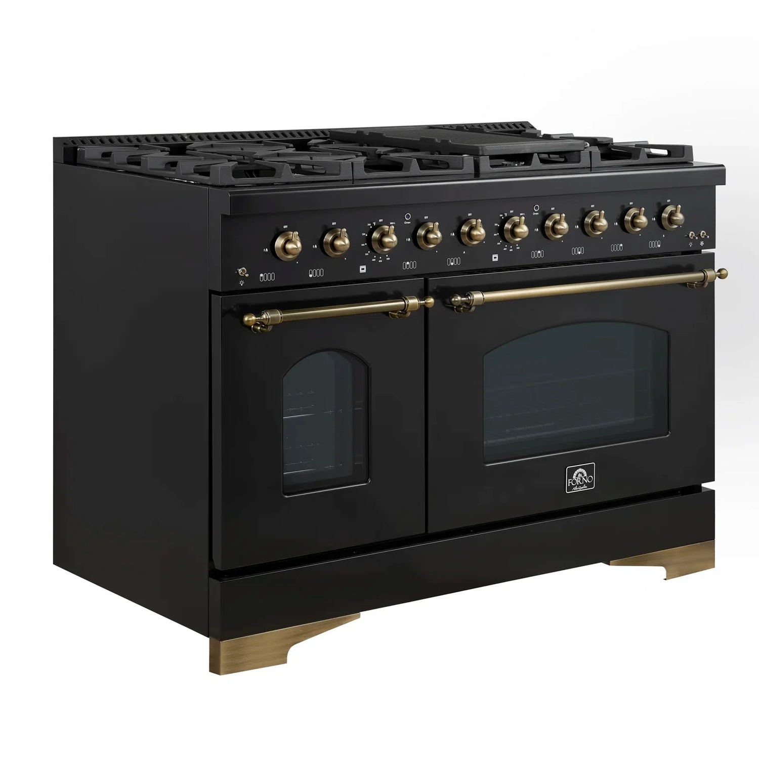 FORNO Antico 48" 5.5 cu. ft. Dual Fuel Range with 8 Sealed Burners and Griddle in Black with Antique Brass Accents, FFSGS6113-48BLK
