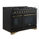 FORNO Antico 48" 5.5 cu. ft. Dual Fuel Range with 8 Sealed Burners and Griddle in Black with Antique Brass Accents, FFSGS6113-48BLK