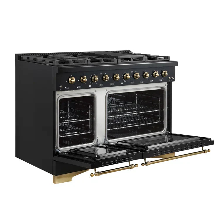FORNO Antico 48" 5.5 cu. ft. Dual Fuel Range with 8 Sealed Burners and Griddle in Black with Antique Brass Accents, FFSGS6113-48BLK
