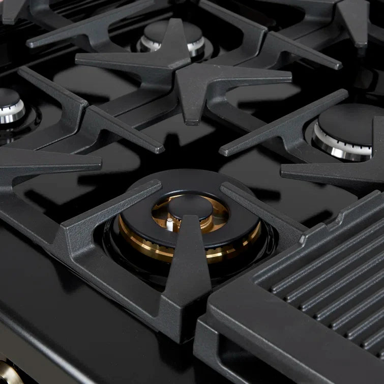 FORNO Antico 48" 5.5 cu. ft. Dual Fuel Range with 8 Sealed Burners and Griddle in Black with Antique Brass Accents, FFSGS6113-48BLK