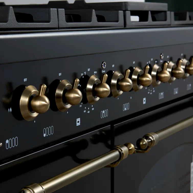 FORNO Antico 48" 5.5 cu. ft. Dual Fuel Range with 8 Sealed Burners and Griddle in Black with Antique Brass Accents, FFSGS6113-48BLK