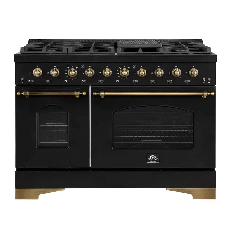 FORNO Antico 48" 5.5 cu. ft. Dual Fuel Range with 8 Sealed Burners and Griddle in Black with Antique Brass Accents, FFSGS6113-48BLK