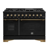 FORNO Antico 48" 5.5 cu. ft. Dual Fuel Range with 8 Sealed Burners and Griddle in Black with Antique Brass Accents, FFSGS6113-48BLK