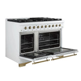 FORNO Antico 48" 5.5 cu. ft. Dual Fuel Range with 8 Sealed Burners and Griddle in White with Antique Brass Accents, FFSGS6113-48WHT