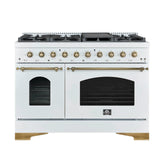 FORNO Antico 48" 5.5 cu. ft. Gas Range with 8 Sealed Burners and Griddle in White with Antique Brass Accents, FFSGS6219-48WHT
