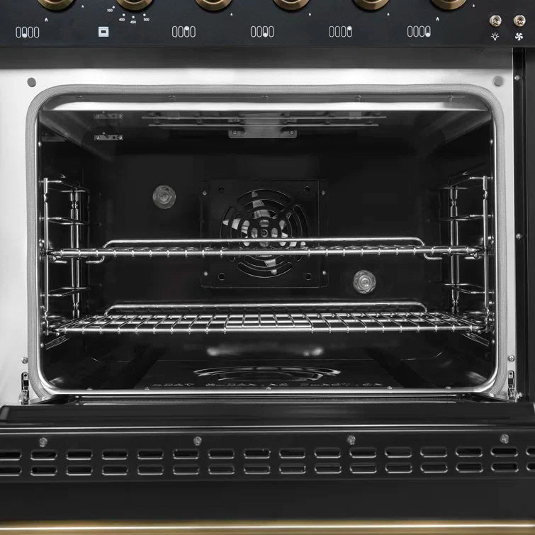 FORNO Antico 48" 5.5 cu. ft. Dual Fuel Range with 8 Sealed Burners and Griddle in Black with Antique Brass Accents, FFSGS6113-48BLK