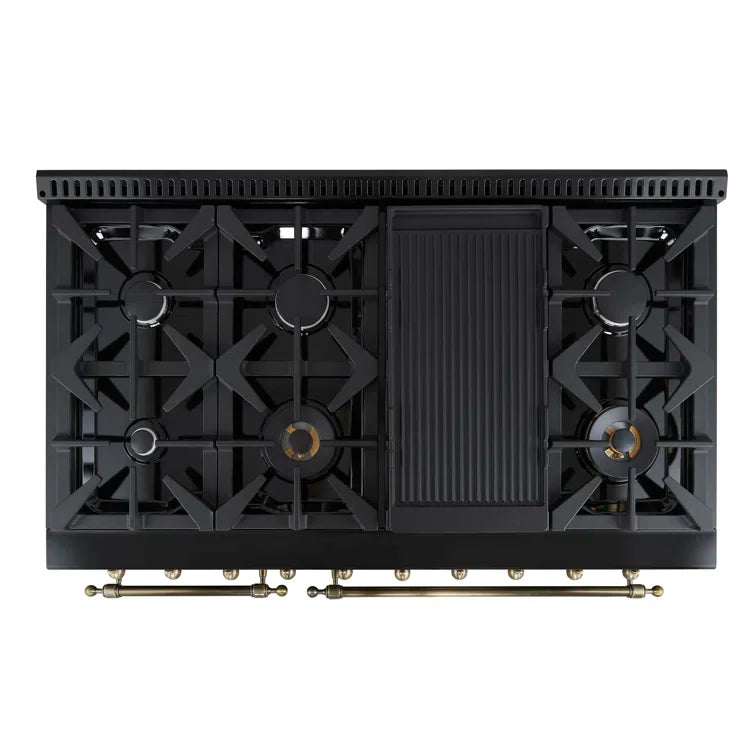 FORNO Antico 48" 5.5 cu. ft. Dual Fuel Range with 8 Sealed Burners and Griddle in Black with Antique Brass Accents, FFSGS6113-48BLK