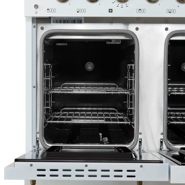 FORNO Antico 48" 5.5 cu. ft. Dual Fuel Range with 8 Sealed Burners and Griddle in White with Antique Brass Accents, FFSGS6113-48WHT