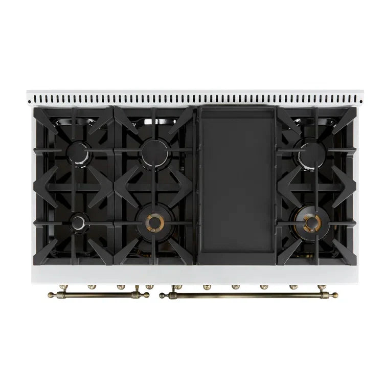 FORNO Antico 48" 5.5 cu. ft. Dual Fuel Range with 8 Sealed Burners and Griddle in White with Antique Brass Accents, FFSGS6113-48WHT