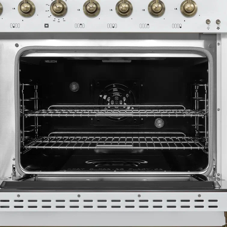 FORNO Antico 48" 5.5 cu. ft. Dual Fuel Range with 8 Sealed Burners and Griddle in White with Antique Brass Accents, FFSGS6113-48WHT