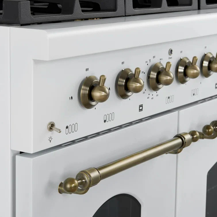 FORNO Antico 48" 5.5 cu. ft. Gas Range with 8 Sealed Burners and Griddle in White with Antique Brass Accents, FFSGS6219-48WHT
