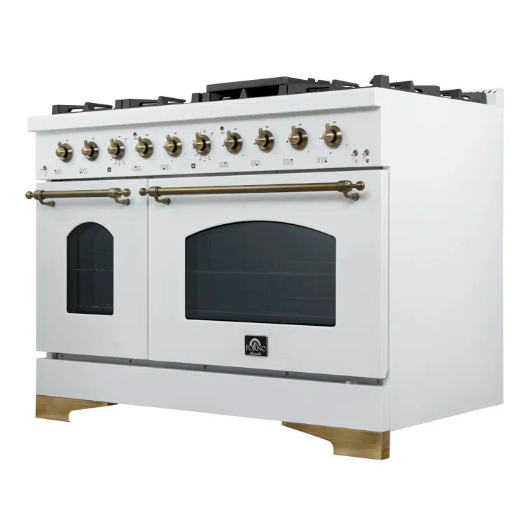 FORNO Antico 48" 5.5 cu. ft. Gas Range with 8 Sealed Burners and Griddle in White with Antique Brass Accents, FFSGS6219-48WHT
