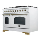 FORNO Antico 48" 5.5 cu. ft. Dual Fuel Range with 8 Sealed Burners and Griddle in White with Antique Brass Accents, FFSGS6113-48WHT