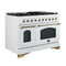 FORNO Antico 48" 5.5 cu. ft. Dual Fuel Range with 8 Sealed Burners and Griddle in White with Antique Brass Accents, FFSGS6113-48WHT