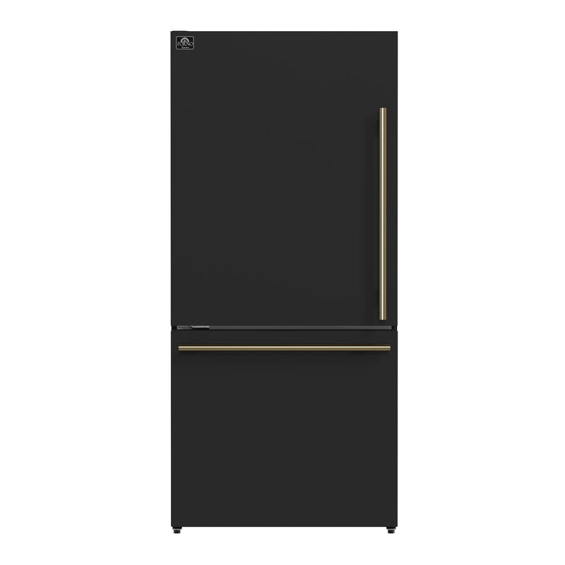 FORNO Espresso Milano 31" 17.2 cu. ft. Left Swing Refrigerator and Bottom Freezer with Ice Maker in Black and Antique Brass Handles, FFFFD1786-31BLK