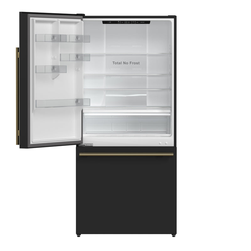 FORNO Espresso Milano 31" 17.2 cu. ft. Left Swing Refrigerator and Bottom Freezer with Ice Maker in Black and Antique Brass Handles, FFFFD1786-31BLK