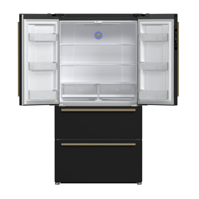 FORNO Espresso Moena 36" 19.2 cu. ft. Refrigerator with Ice Maker in Black with Antique Brass Handles, FFRBI1820-36BLK