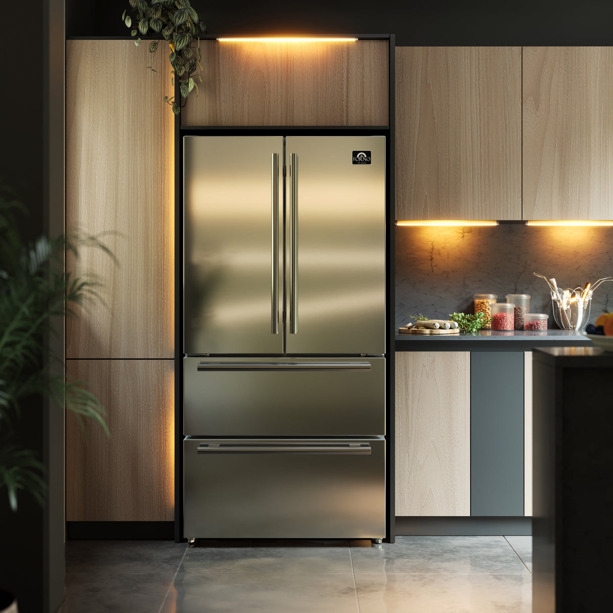 FORNO Moena 36" 19.2 cu. ft. French Door Built-In Refrigerator in Stainless Steel with Ice Maker, FFRBI1820-36SB