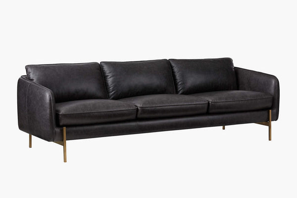 Valencia Gabriele Leather Three Seats Sofa with Brass Finished Legs, Black Color