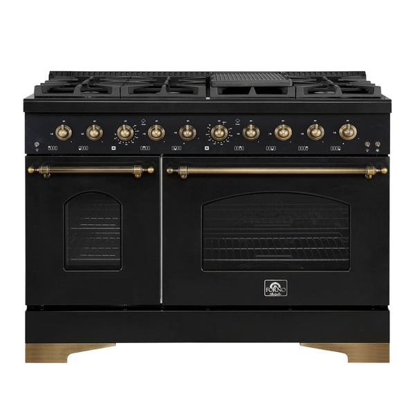 FORNO Antico 48" 5.5 cu. ft. Gas Range with 8 Sealed Burners and Griddle in Black with Antique Brass Accents, FFSGS6219-48BLK