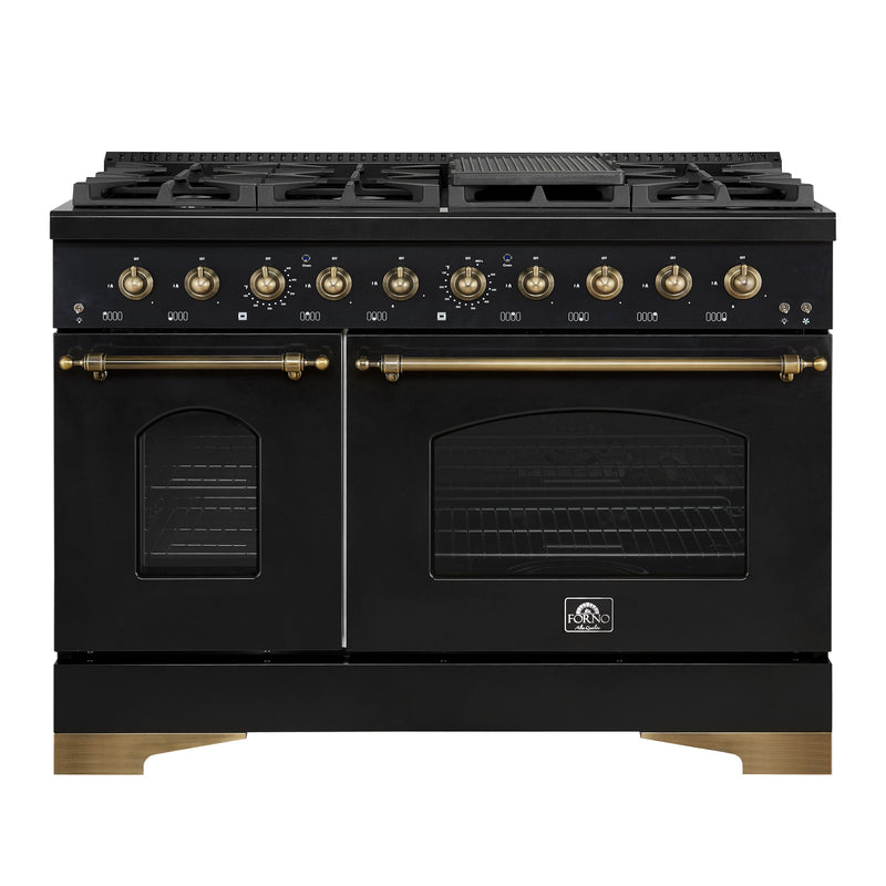 FORNO Antico 48" 5.5 cu. ft. Gas Range with 8 Sealed Burners and Griddle in Black with Antique Brass Accents, FFSGS6219-48BLK