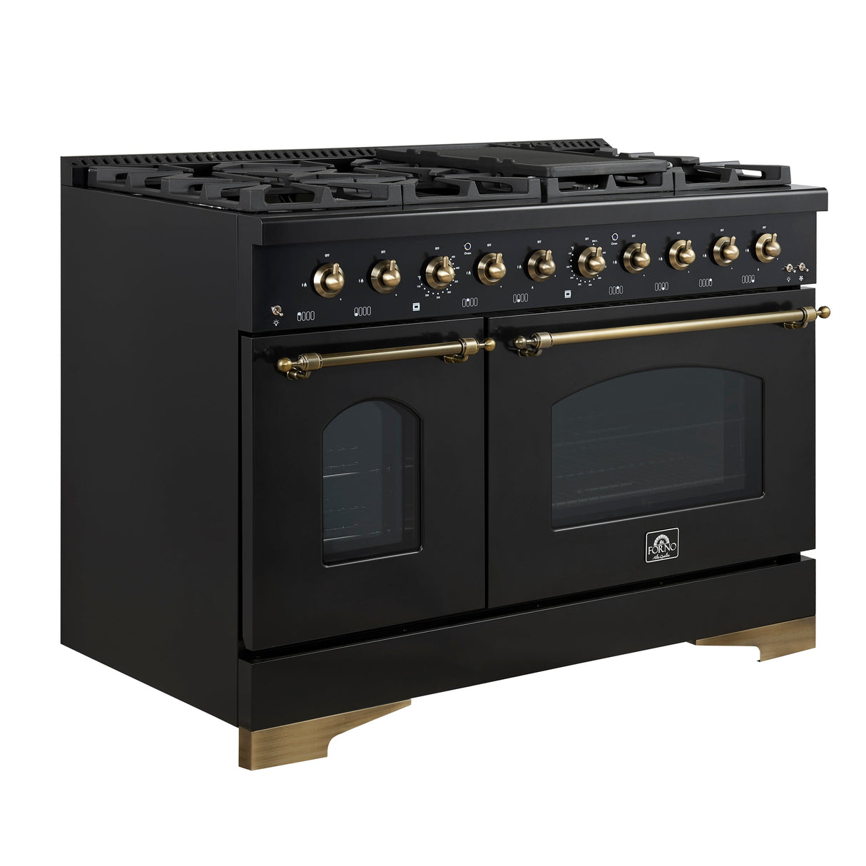 FORNO Antico 48" 5.5 cu. ft. Gas Range with 8 Sealed Burners and Griddle in Black with Antique Brass Accents, FFSGS6219-48BLK