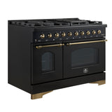 FORNO Antico 48" 5.5 cu. ft. Gas Range with 8 Sealed Burners and Griddle in Black with Antique Brass Accents, FFSGS6219-48BLK