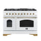 FORNO Antico 48" 5.5 cu. ft. Dual Fuel Range with 8 Sealed Burners and Griddle in White with Antique Brass Accents, FFSGS6113-48WHT