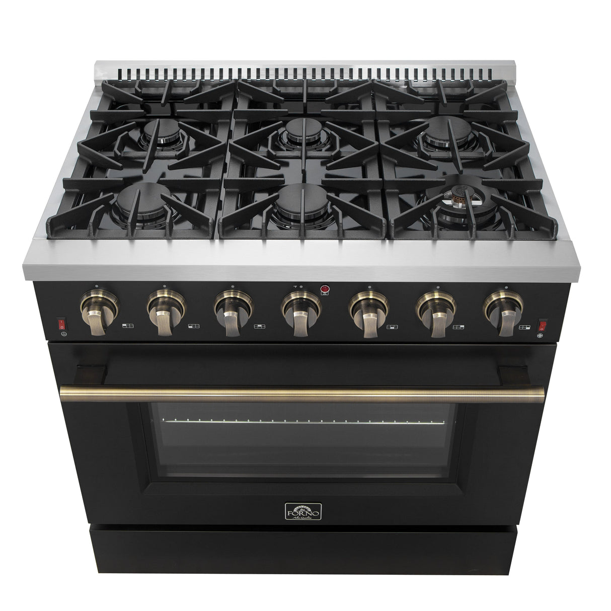 FORNO Galiano 36" 5.36 cu. ft. Gas Range with 6 Sealed Burners in Black with Antique Brass Accents, FFSGS6244-36BLK
