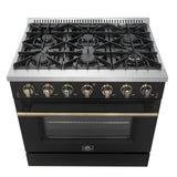 FORNO Galiano 36" 5.36 cu. ft. Gas Range with 6 Sealed Burners in Black with Antique Brass Accents, FFSGS6244-36BLK