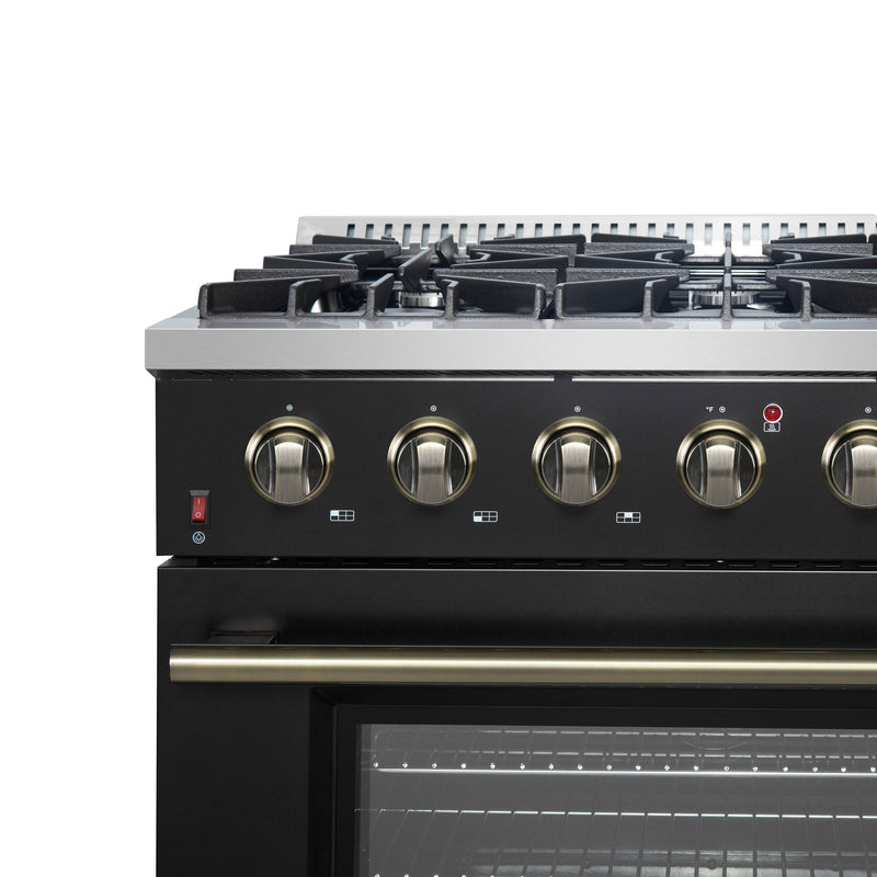 FORNO Galiano 36" 5.36 cu. ft. Gas Range with 6 Sealed Burners in Black with Antique Brass Accents, FFSGS6244-36BLK