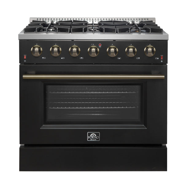 FORNO Galiano 36" 5.36 cu. ft. Gas Range with 6 Sealed Burners in Black with Antique Brass Accents, FFSGS6244-36BLK