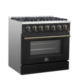 FORNO Galiano 36" 5.36 cu. ft. Gas Range with 6 Sealed Burners in Black with Antique Brass Accents, FFSGS6244-36BLK