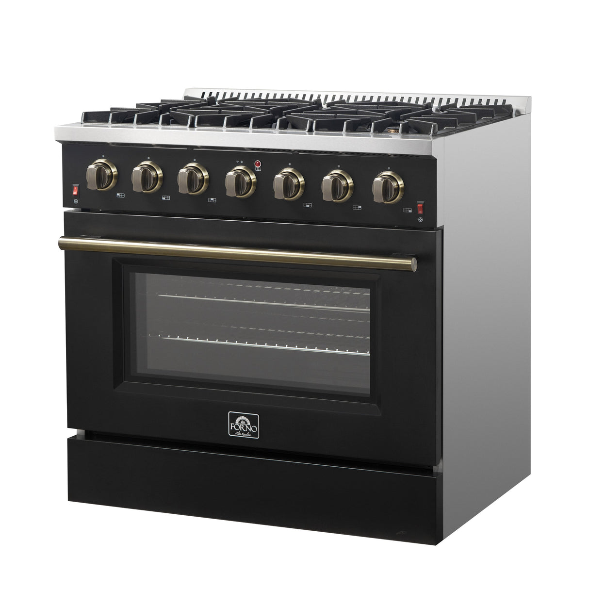 FORNO Galiano 36" 5.36 cu. ft. Gas Range with 6 Sealed Burners in Black with Antique Brass Accents, FFSGS6244-36BLK