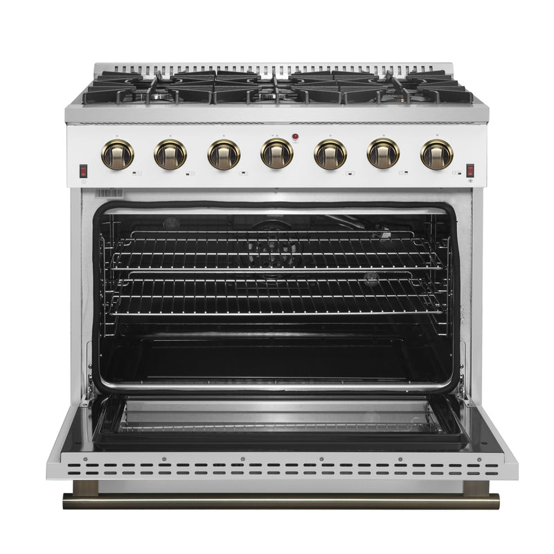 FORNO Galiano 36" 5.36 cu. ft. Gas Range with 6 Sealed Burners in White with Antique Brass Accents, FFSGS6244-36WHT