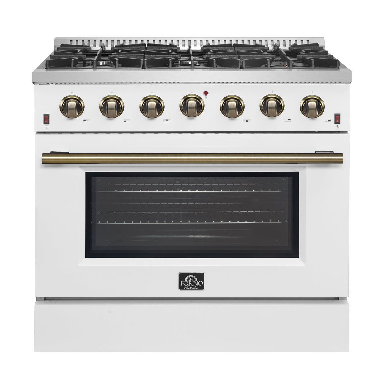 FORNO Galiano 36" 5.36 cu. ft. Gas Range with 6 Sealed Burners in White with Antique Brass Accents, FFSGS6244-36WHT