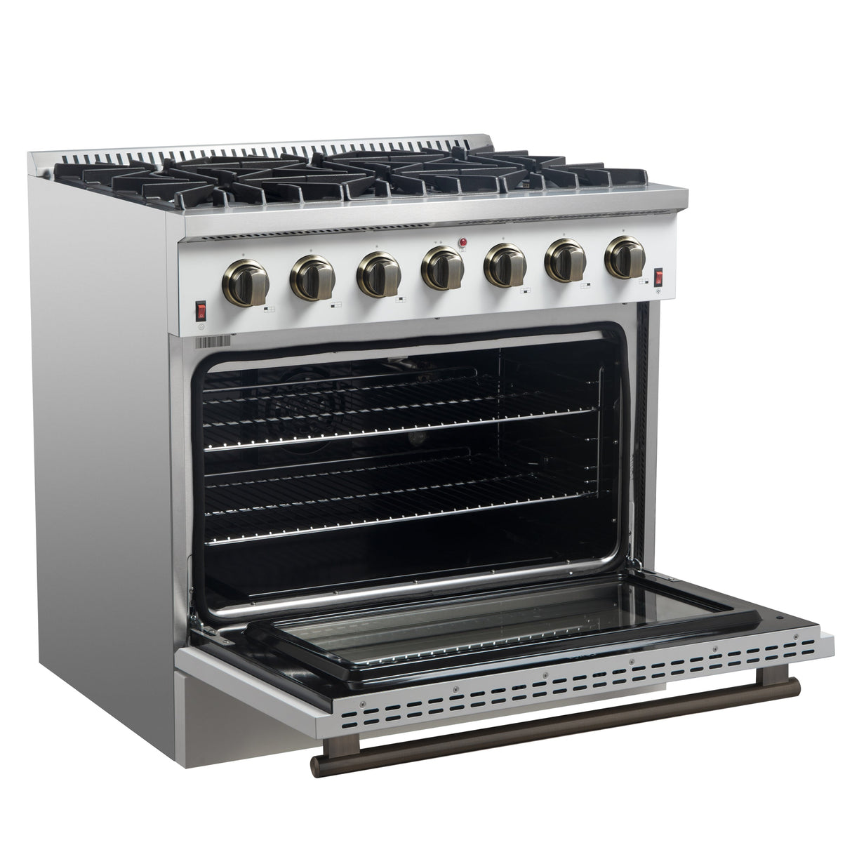 FORNO Galiano 36" 5.36 cu. ft. Gas Range with 6 Sealed Burners in White with Antique Brass Accents, FFSGS6244-36WHT
